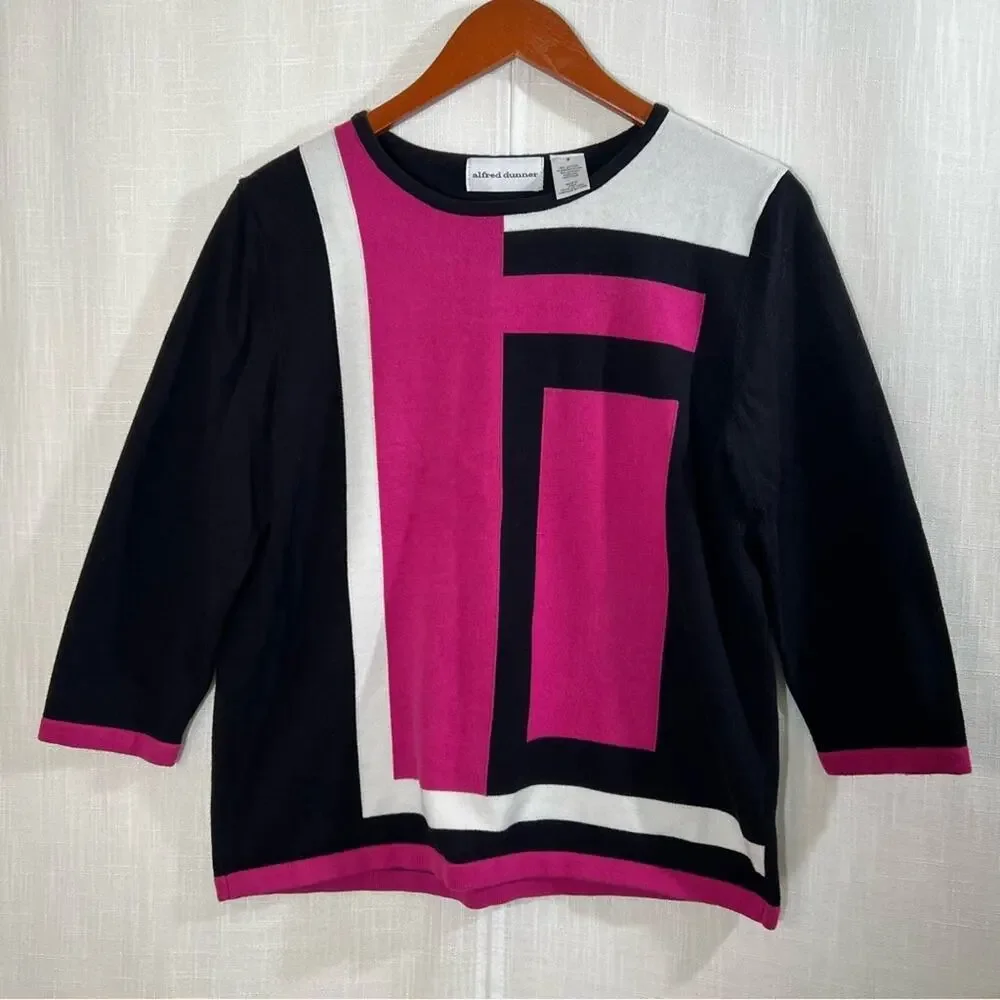 Alfred Dunner Abstract Color Block Pink Black White‎ Retro Knit Sweater Sz S